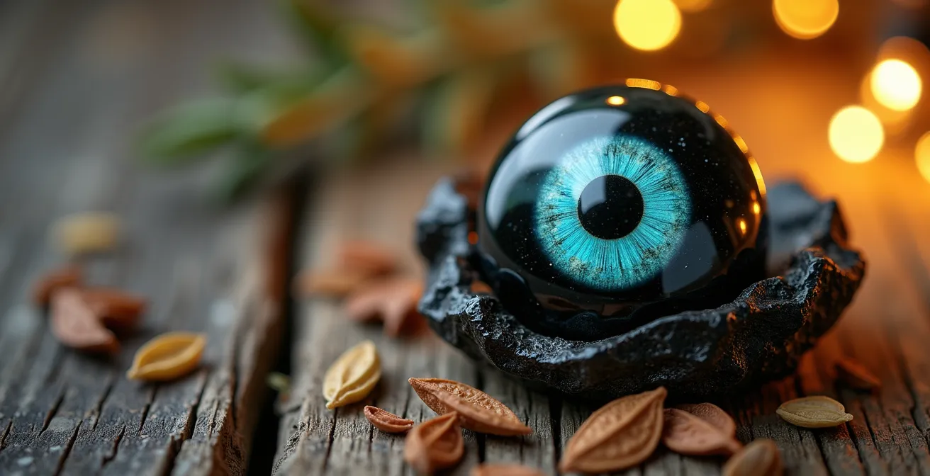 Turmalina negra y amuletos tradicionales rodeados de energía protectora dorada