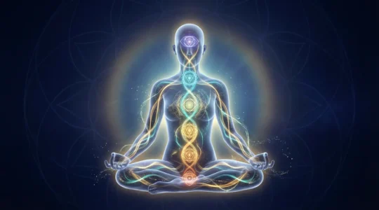 Representación artística de la anatomía sutil mostrando meridianos y nadis como canales de energía luminosa