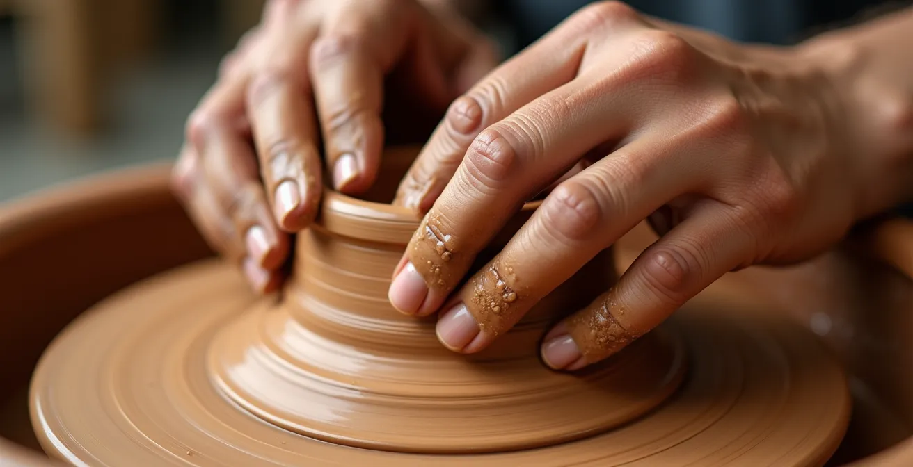 Manos trabajando arcilla con enfoque macro mostrando texturas táctiles