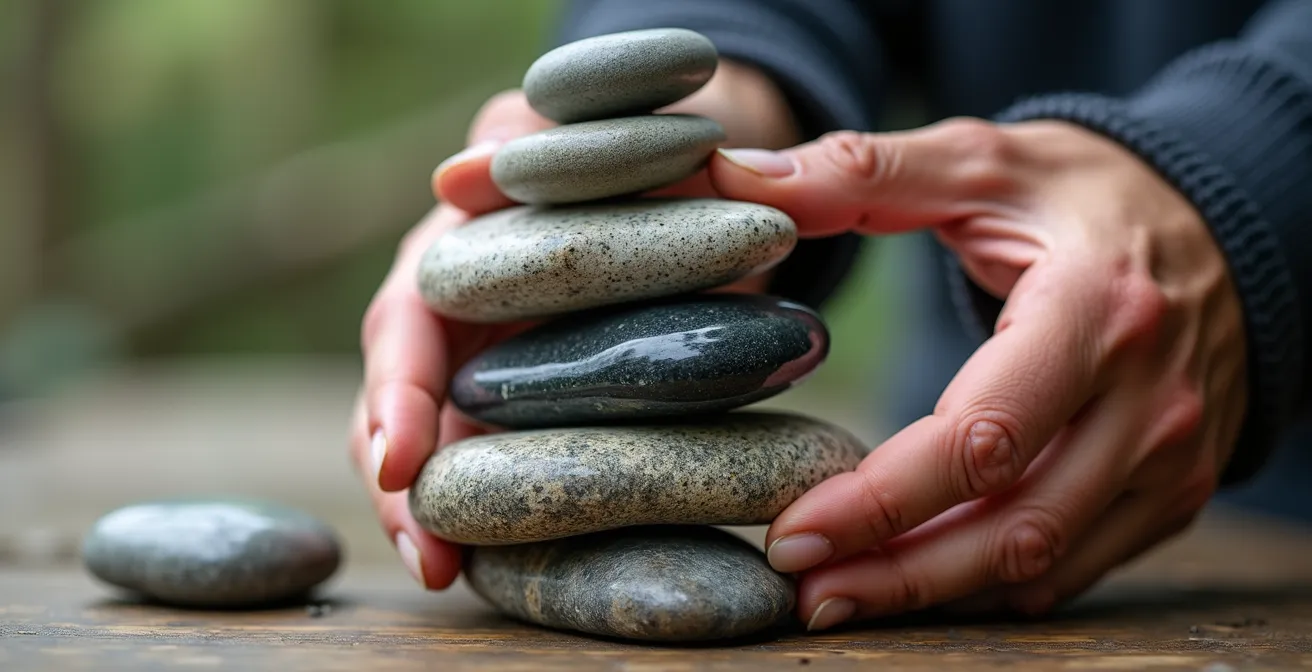 Manos construyendo una estructura geométrica de piedras apiladas representando el trabajo metódico del año 4