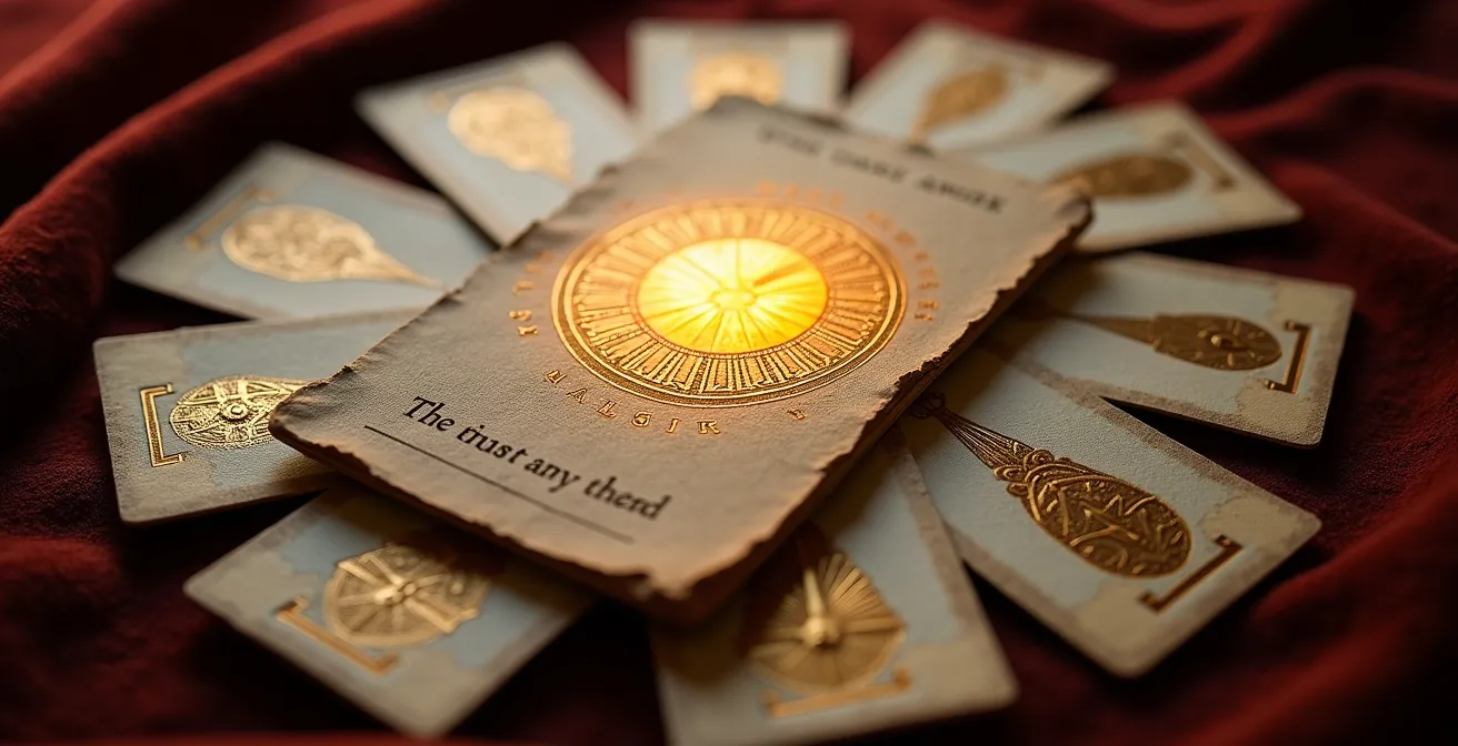Carta del tarot El Sol irradiando luz dorada sobre cartas menores circundantes