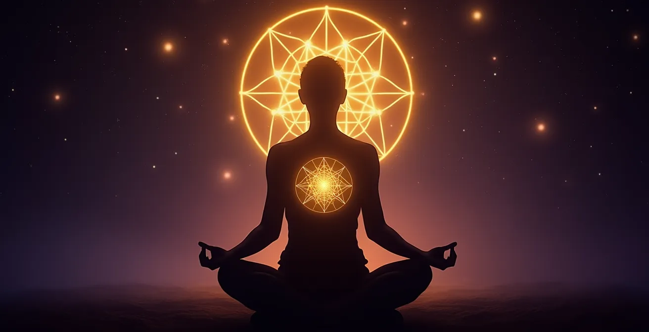 Silueta humana meditando con geometría sagrada de luz dorada emanando del centro