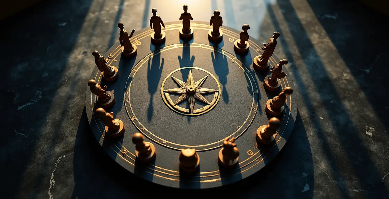 Círculo zodiacal con doce figuras arquetípicas representando cada ascendente anual en estilo artístico simbólico