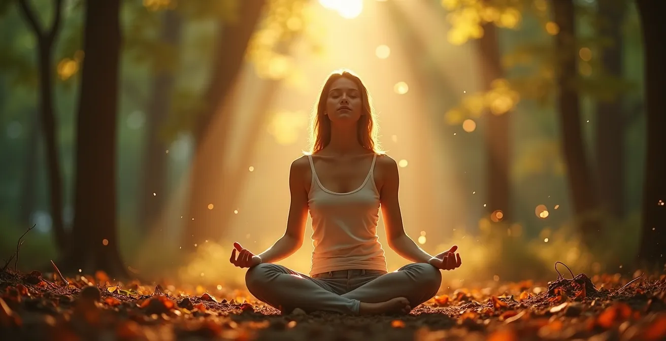 Persona meditando en la naturaleza con aura energética visible en tonos dorados