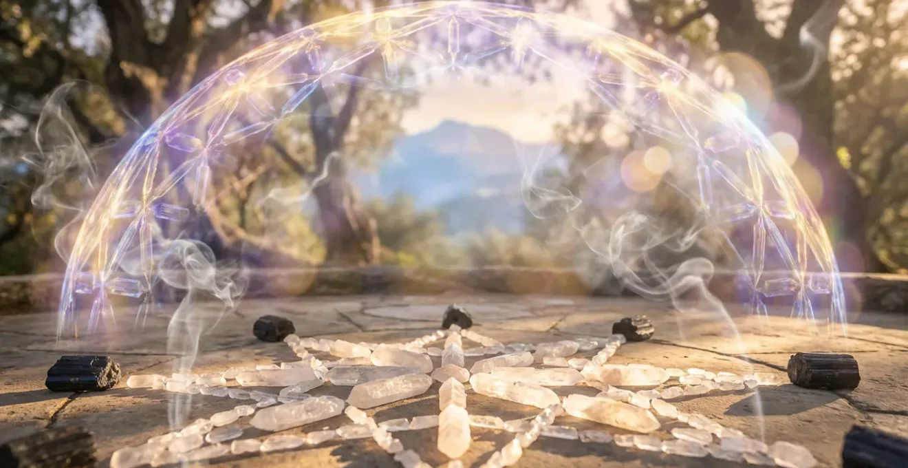 Escudo energético luminoso rodeando un espacio sagrado de protección espiritual
