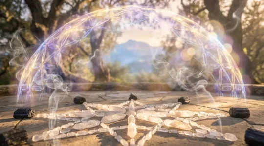 Escudo energético luminoso rodeando un espacio sagrado de protección espiritual