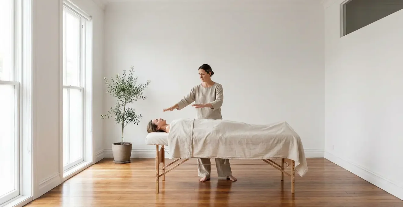 Terapeuta realizando movimientos de barrido sobre el campo áurico de una persona sin contacto físico