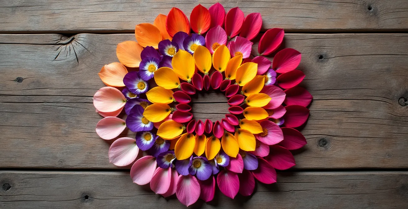 Vista cenital de pétalos de flores formando una espiral temporal sobre mesa de madera antigua