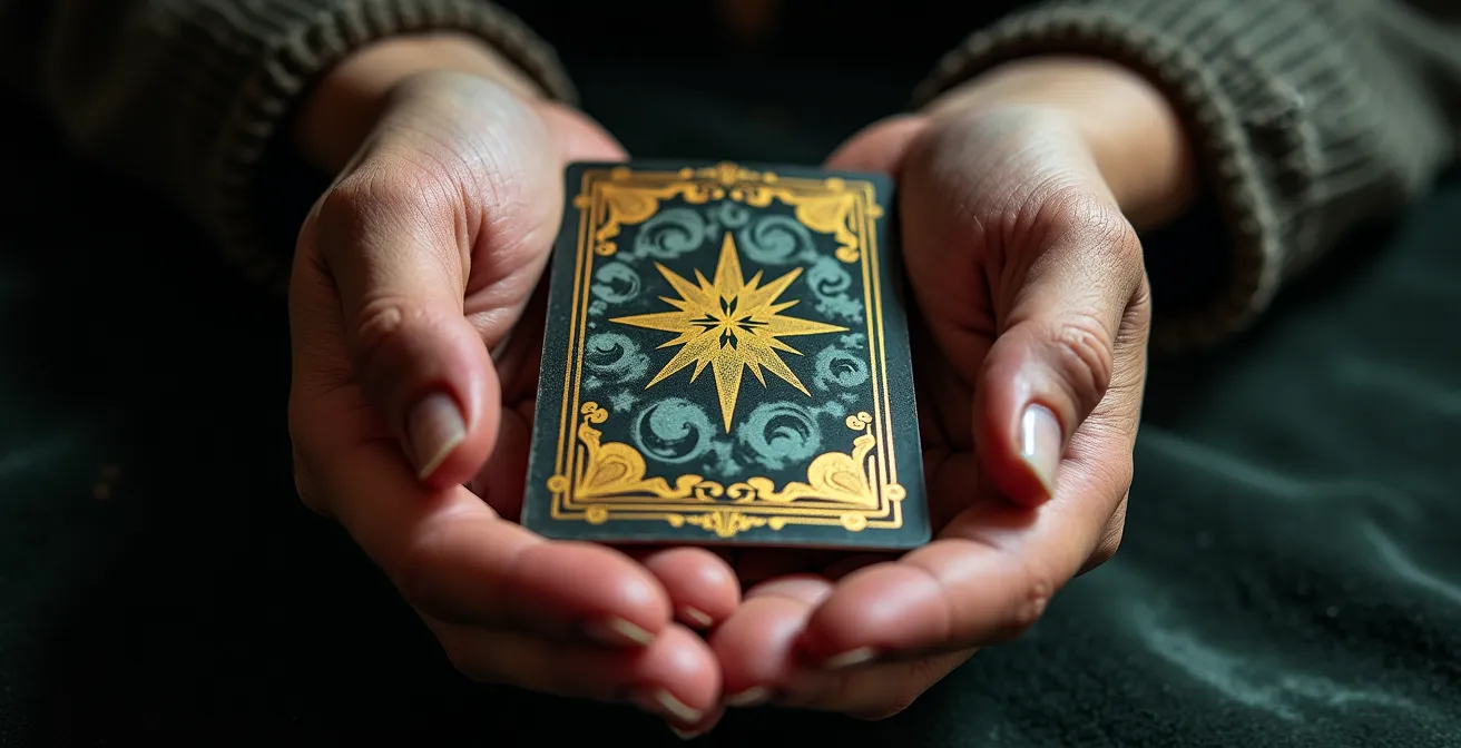 Mano sosteniendo carta de tarot con juego de luces y sombras dramáticas