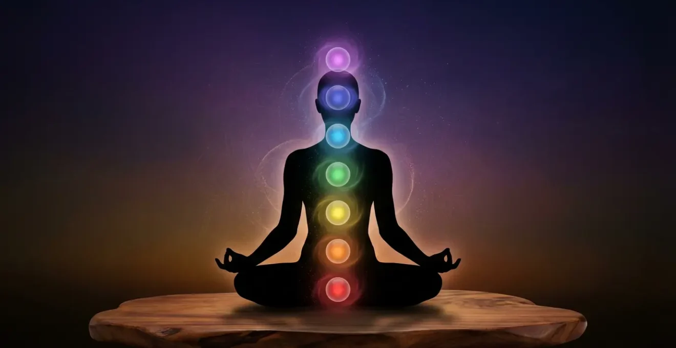 Silueta humana en posición de loto con siete puntos luminosos de colores alineados verticalmente desde la base hasta la corona