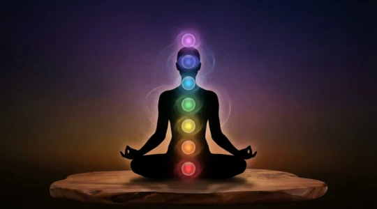 Silueta humana en posición de loto con siete puntos luminosos de colores alineados verticalmente desde la base hasta la corona