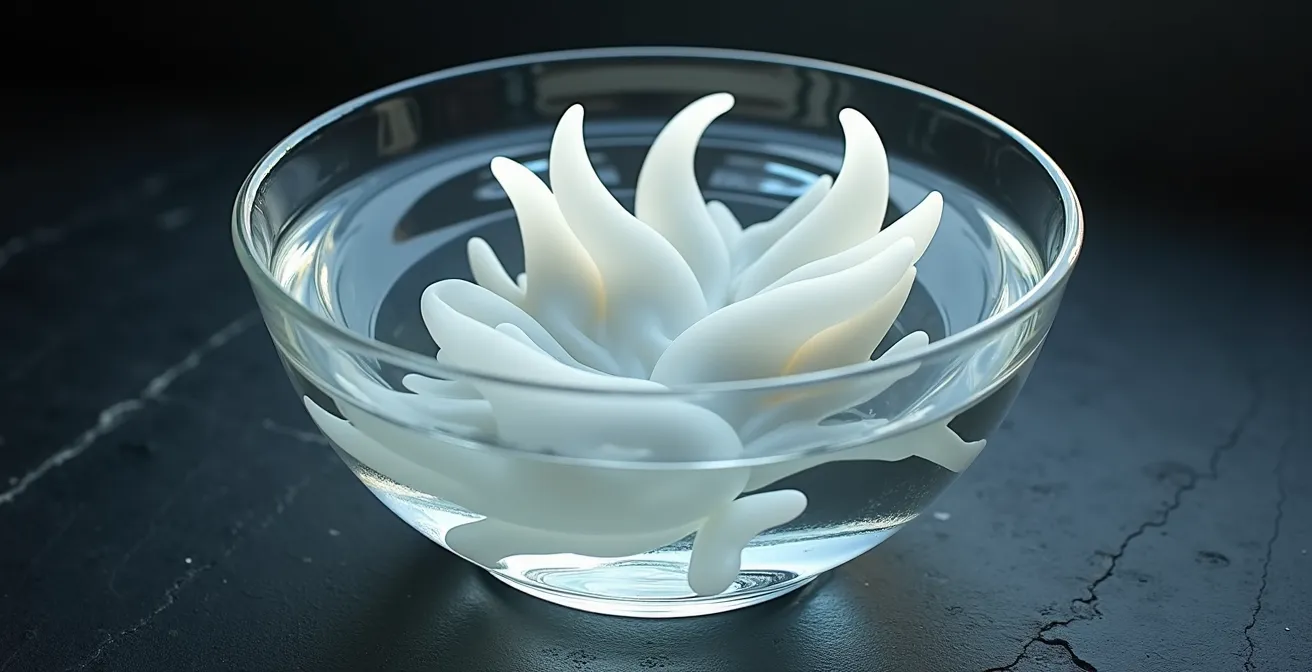 Formas de cera solidificada flotando en agua clara con reflejos de luz