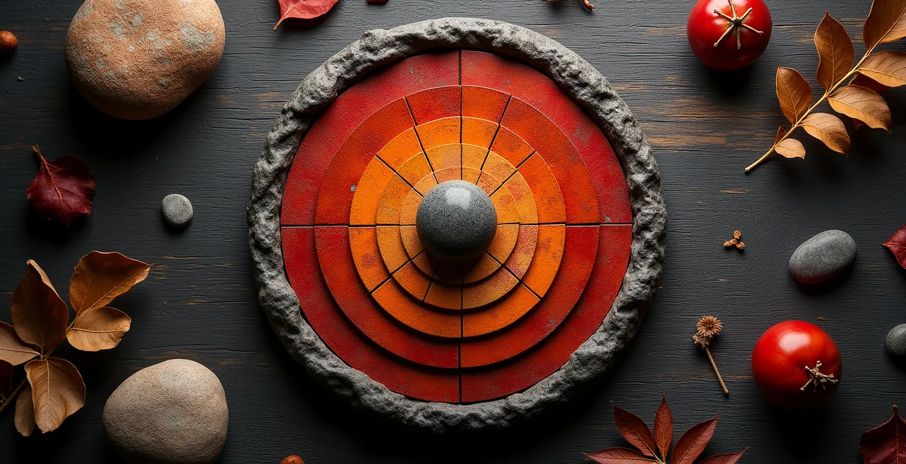 Vista cenital minimalista de calendario circular con fases marcadas en tonos rojos