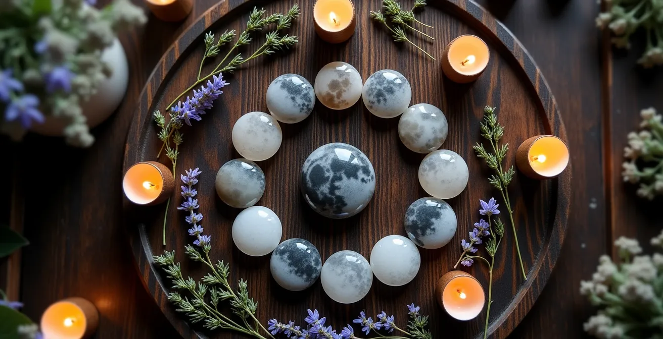 Composición circular mostrando las fases lunares con cristales y hierbas en disposición ritual