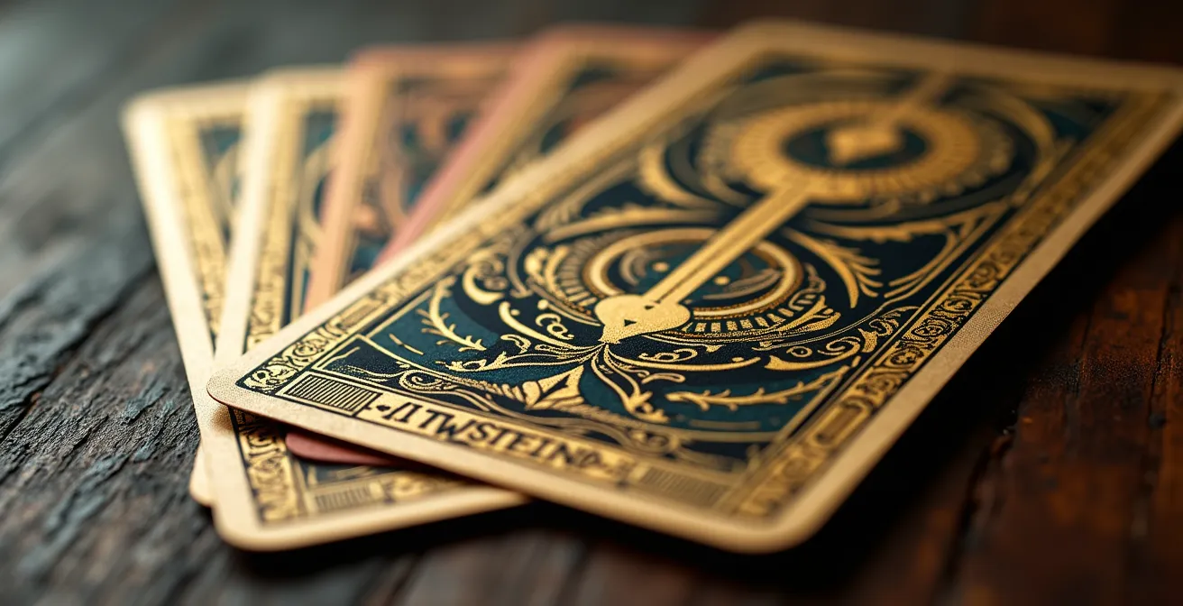 Vista macro detallada de cuatro cartas de tarot alineadas verticalmente con símbolos arquetípicos visibles