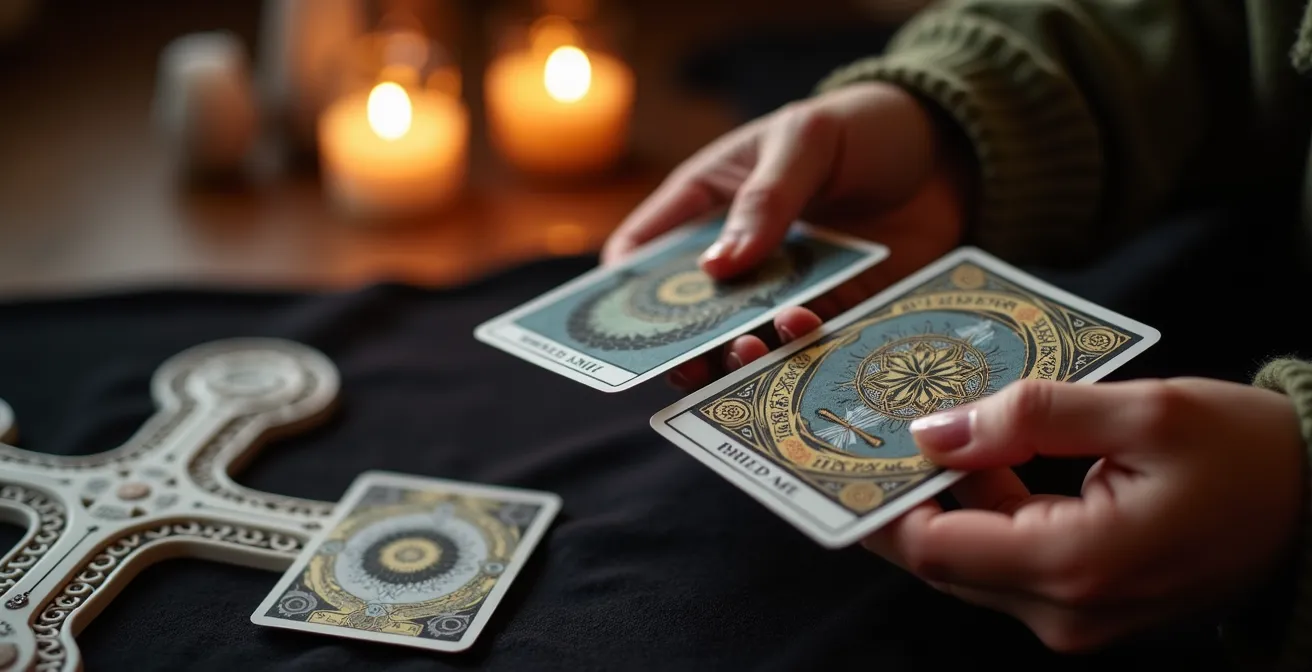 Manos sosteniendo cartas de tarot y oráculo en una lectura combinada sobre mesa ritual