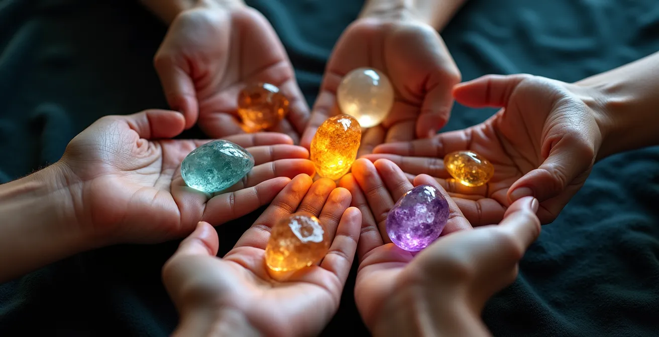 Círculo de personas en meditación compartiendo luz entre sus corazones