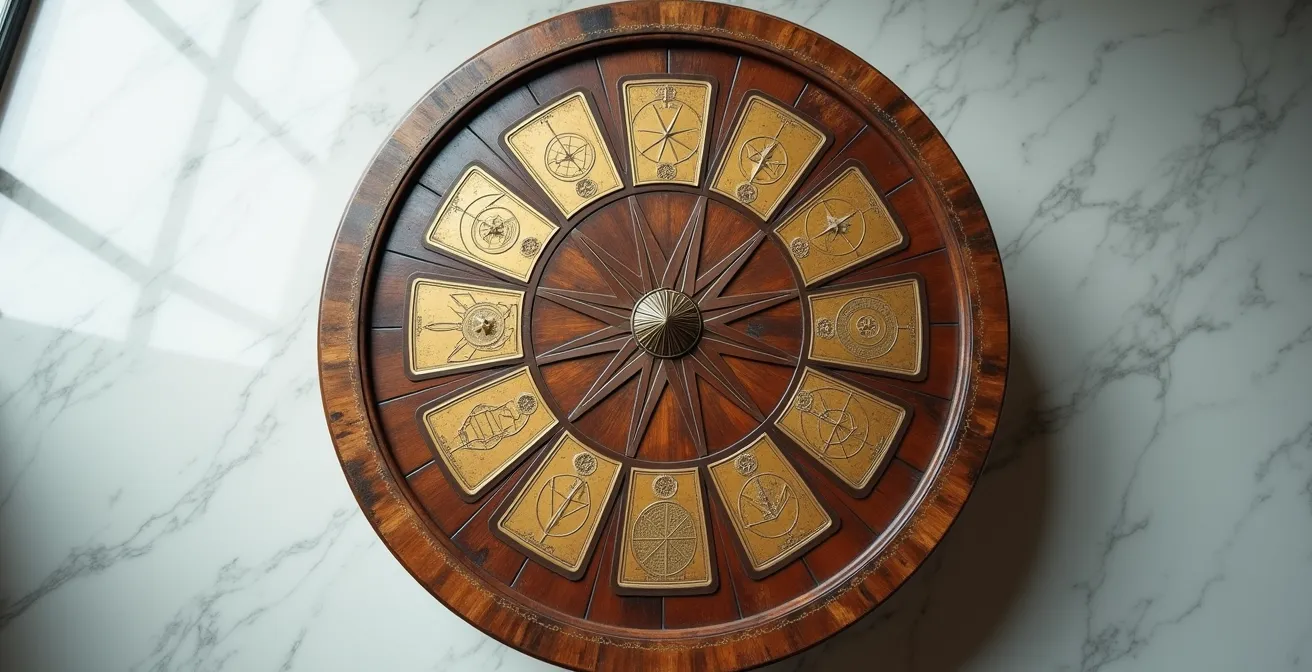 Rueda astrológica mostrando la correspondencia entre arcanos del tarot y las doce casas zodiacales