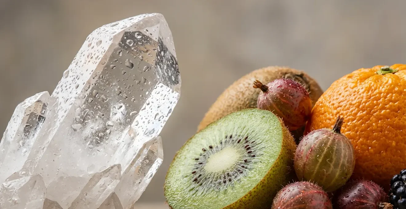 Detalle macro de cuarzo transparente junto a frutas frescas