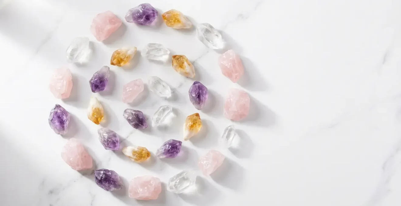 Cristales y gemas coloridas dispuestas armónicamente sobre una superficie de mármol con luz natural