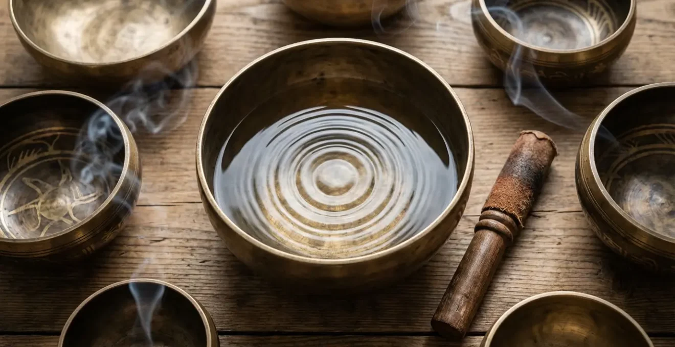Cuencos tibetanos de diferentes tamaños con ondas sonoras visibles en ambiente meditativo
