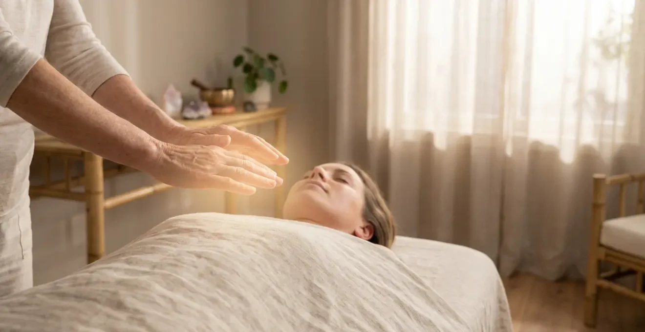 Manos extendidas proyectando energía luminosa sin tocar el cuerpo de una persona en estado de relajación
