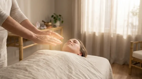 Manos extendidas proyectando energía luminosa sin tocar el cuerpo de una persona en estado de relajación