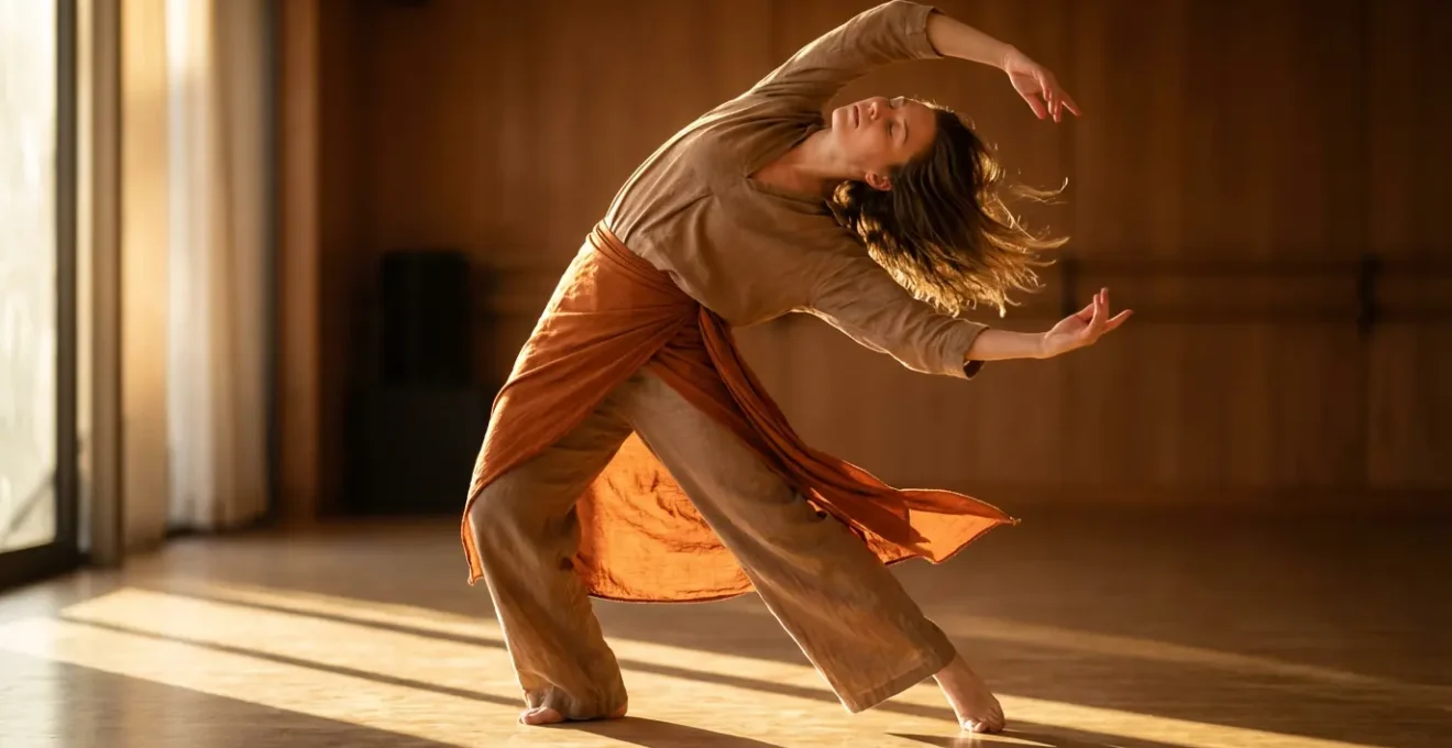 Persona en movimiento fluido de danza con telas naranjas ondeantes alrededor de las caderas