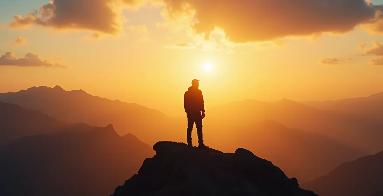 Figura solitaria en cima de montaña al amanecer simbolizando liderazgo