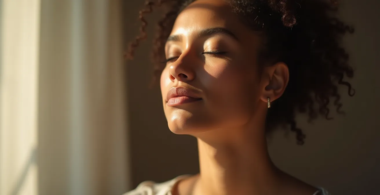 Persona en postura meditativa con aura de calma y claridad mental