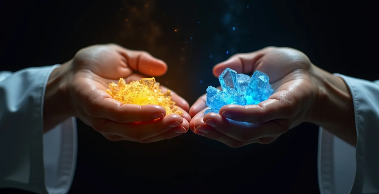 Manos sosteniendo una balanza simbólica entre una luz dorada que representa la intuición y estructuras azules que simbolizan la claridad mental.