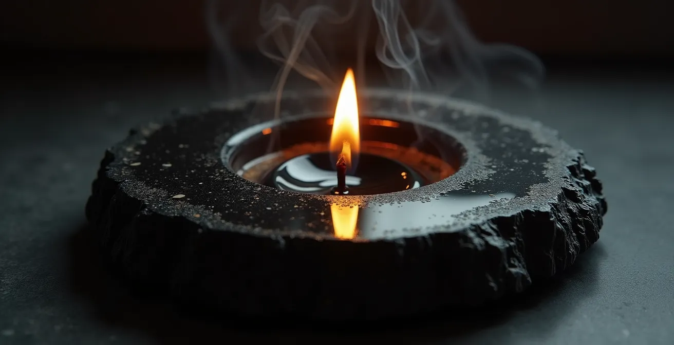 Espejo circular de obsidiana negra pulida reflejando la llama de una vela
