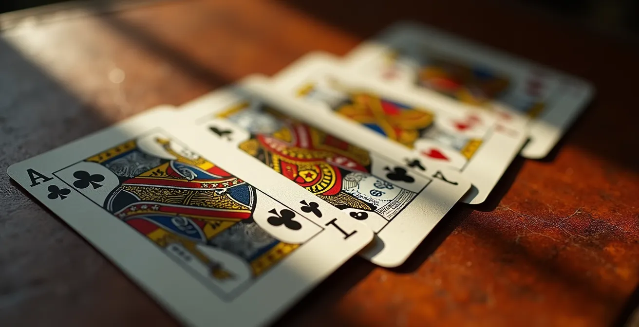 Tres cartas de corte de la baraja española dispuestas en diagonal ascendente mostrando la evolución