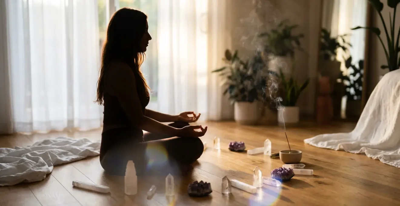 Persona en meditación con aura luminosa y cristales de cuarzo en ambiente sereno