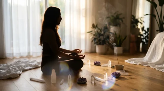 Persona en meditación con aura luminosa y cristales de cuarzo en ambiente sereno