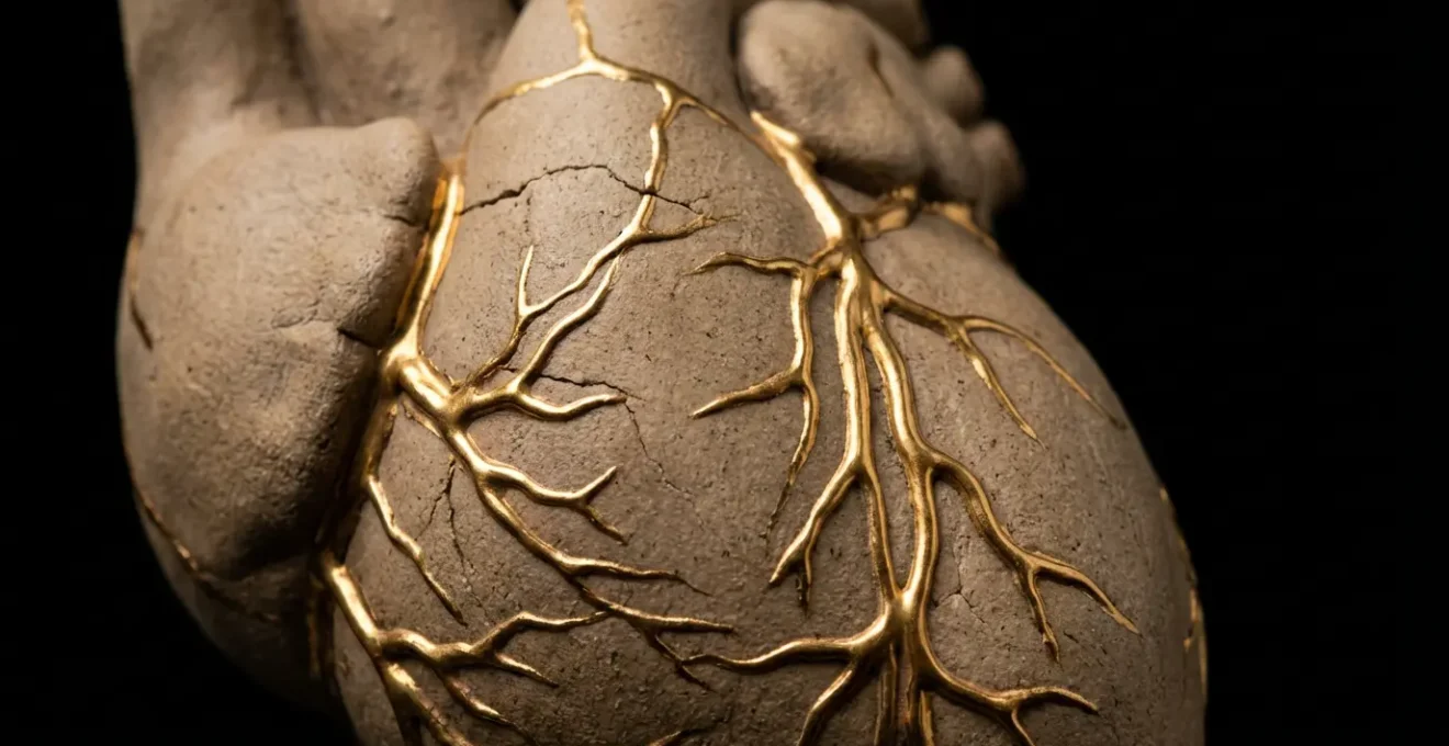 Corazón de cerámica reparado con venas doradas brillantes en técnica kintsugi