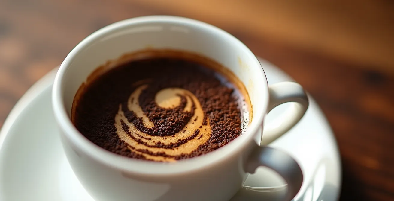 Primer plano macro de posos de café formando patrones en taza blanca