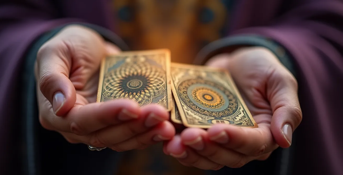 Manos sosteniendo cartas de tarot con aura de energía dorada emanando