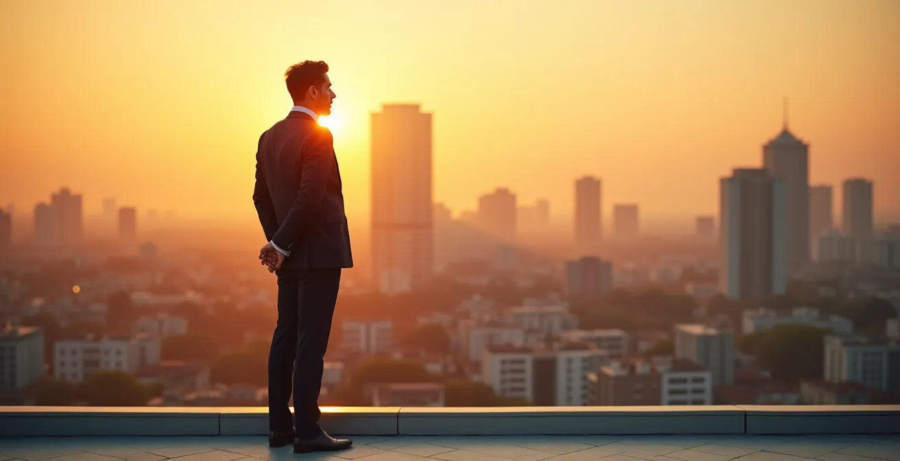 Persona en posición de liderazgo contemplando el horizonte desde una cima