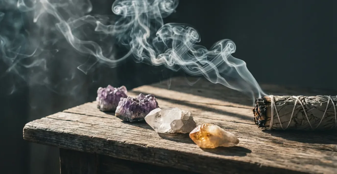 Cristales diversos siendo limpiados con humo de salvia blanca