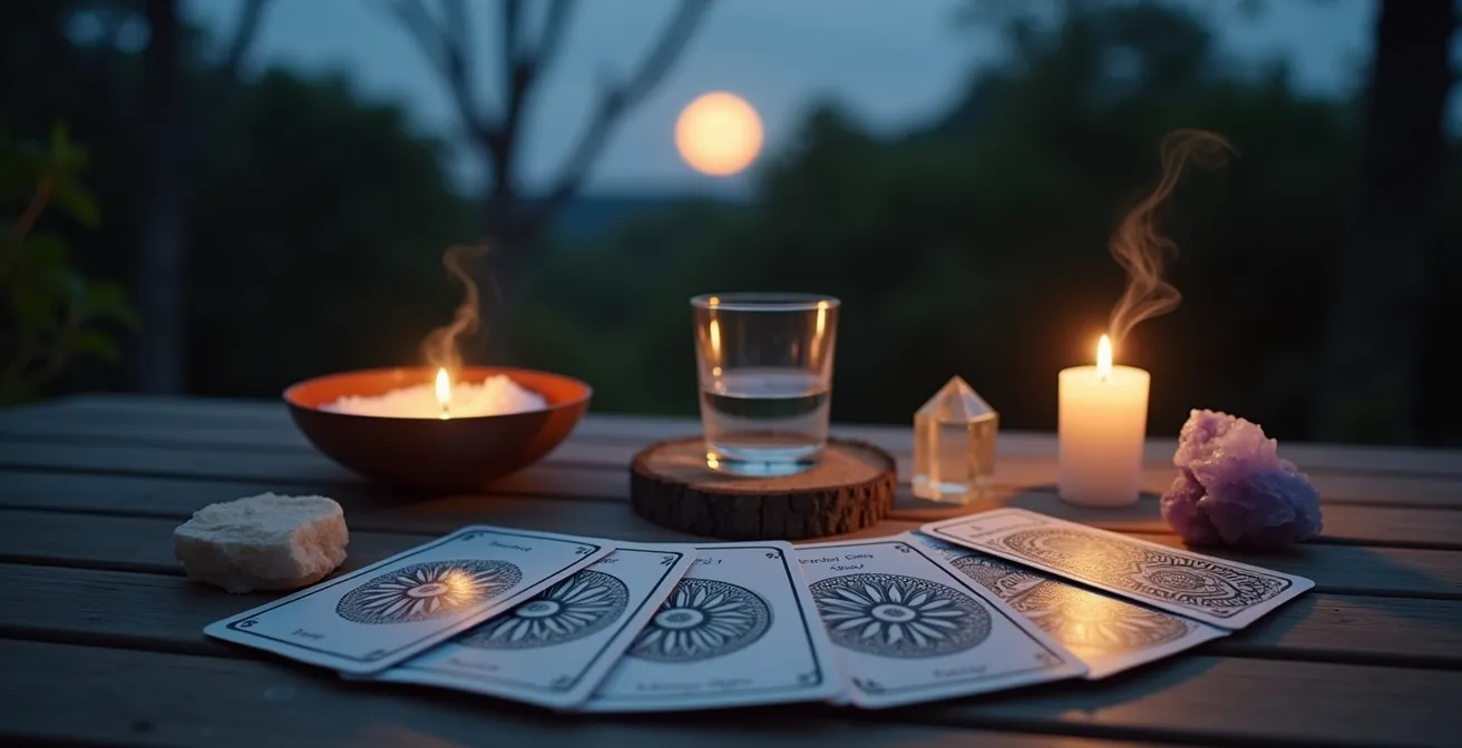 Ritual de limpieza de cartas con cristales y elementos naturales bajo luz de luna