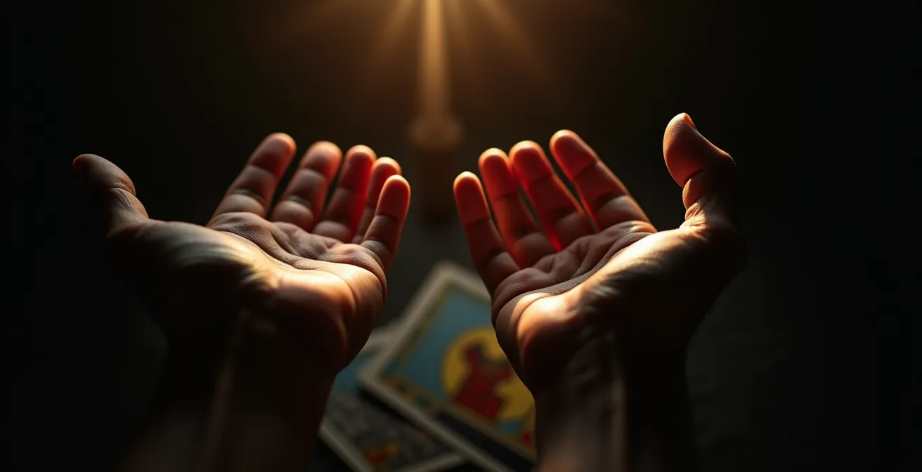 Primer plano de manos sosteniendo una vara de poder con cartas difuminadas al fondo