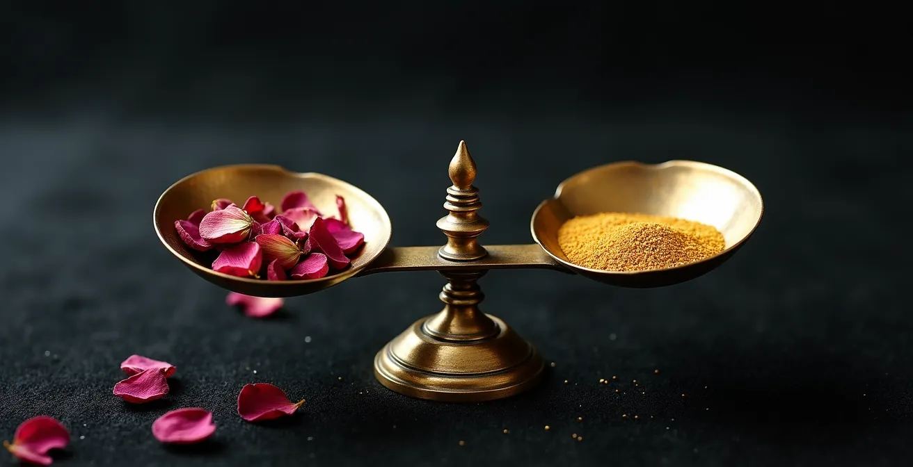 Balanza antigua de latón en equilibrio perfecto con pétalos de rosa seca y arena dorada