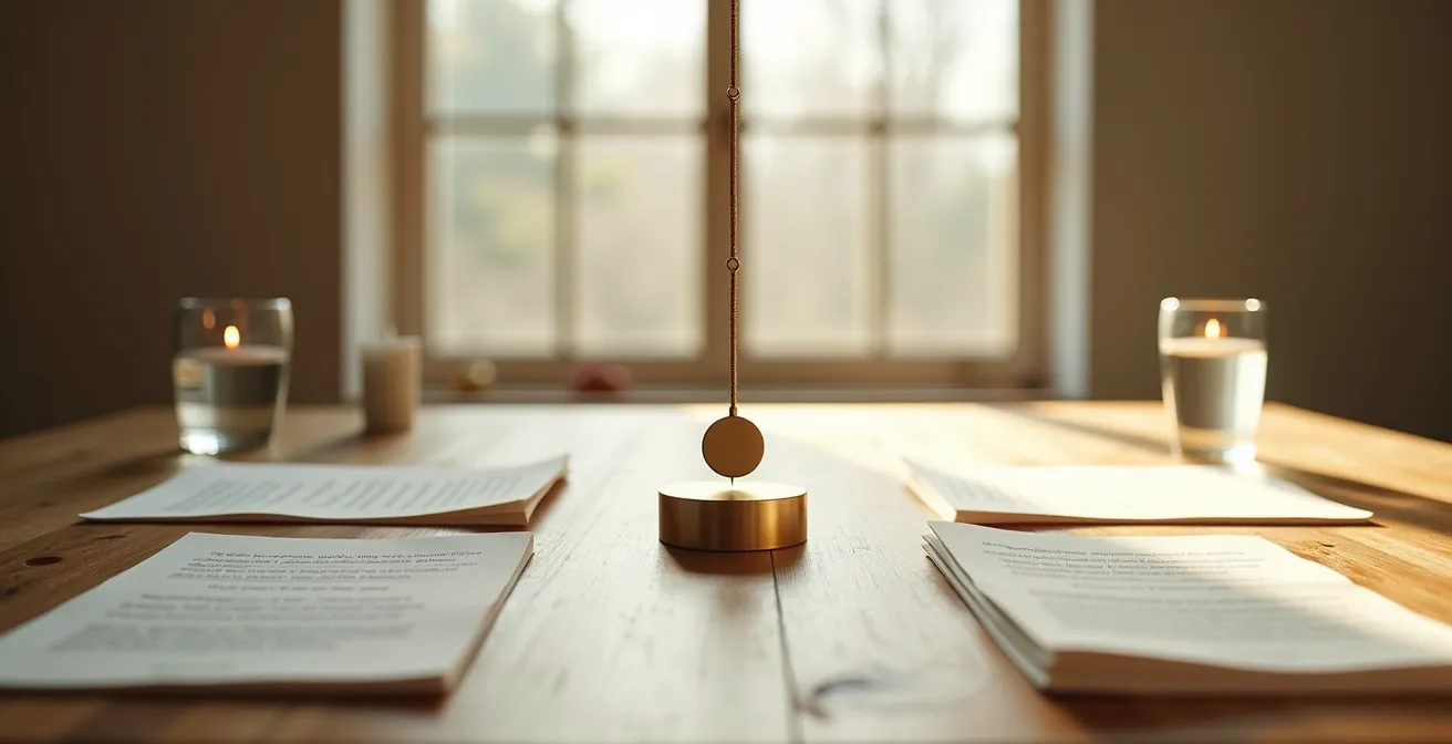 Vista cenital de mesa con péndulo suspendido sobre papeles doblados y punto focal de meditación