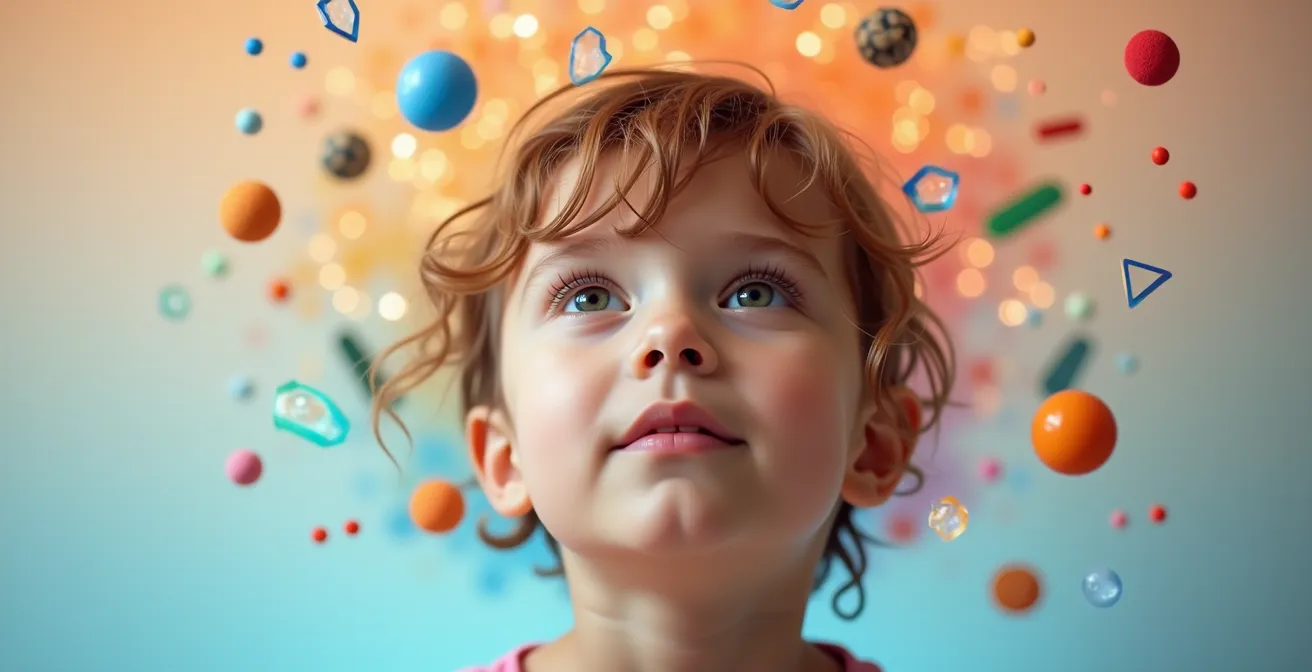 Niño explorando diferentes métodos de aprendizaje representados simbólicamente