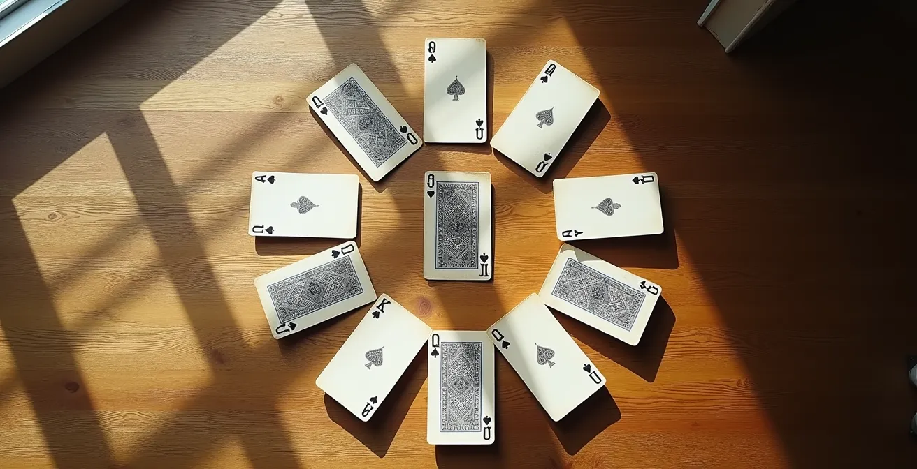 Nueve cartas numeradas dispuestas en círculo formando un mandala sobre superficie de madera