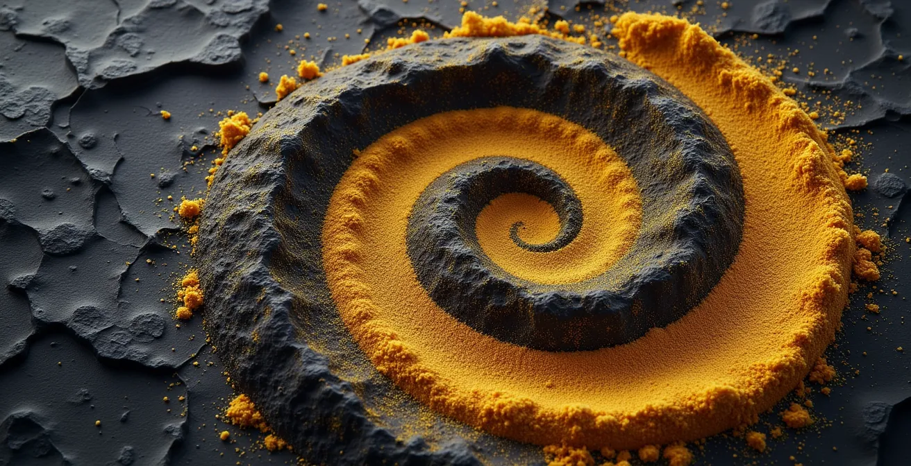 Espiral de arena dorada formando patrones numéricos sobre piedra volcánica negra