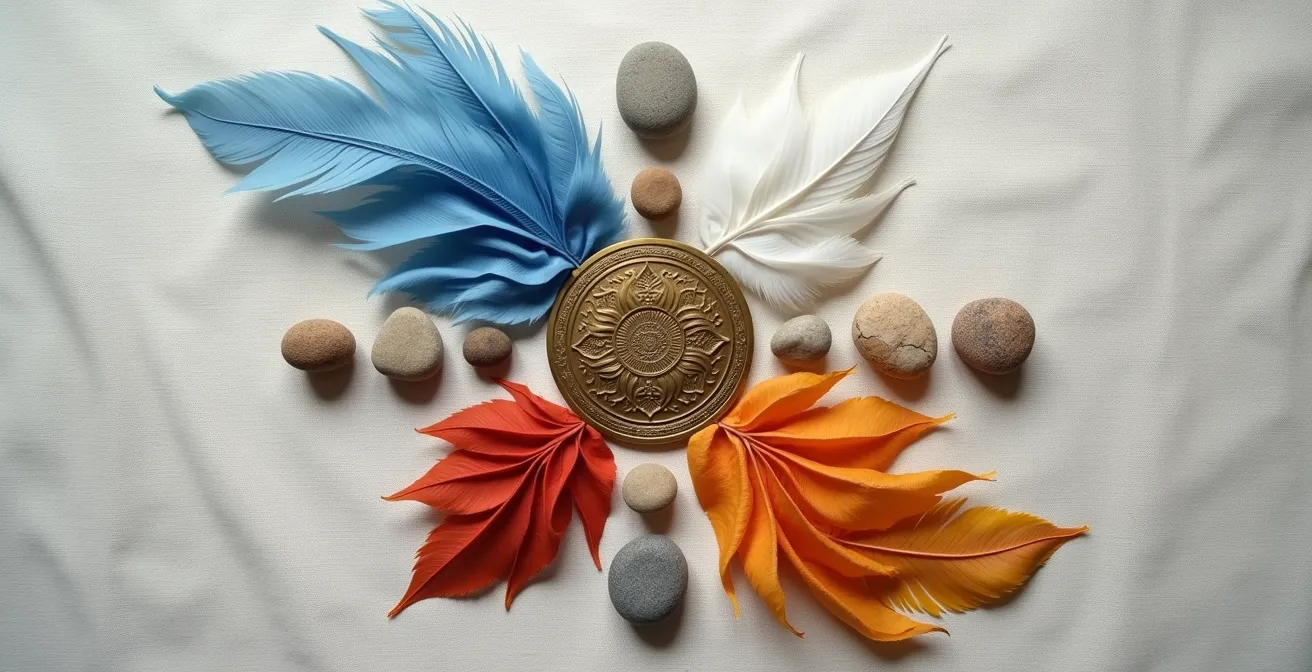 Composición simbólica con representaciones visuales de los cuatro elementos en armonía