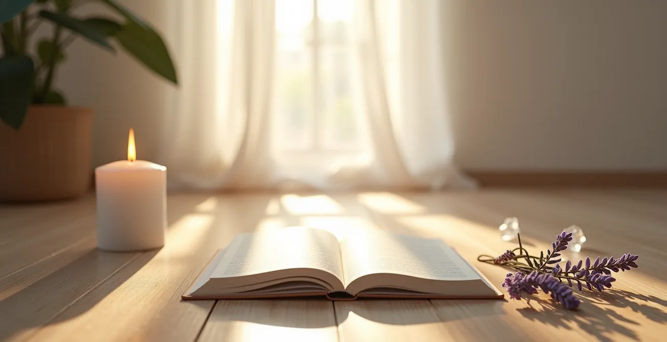 Cuaderno abierto con preguntas manuscritas junto a vela encendida en ambiente meditativo