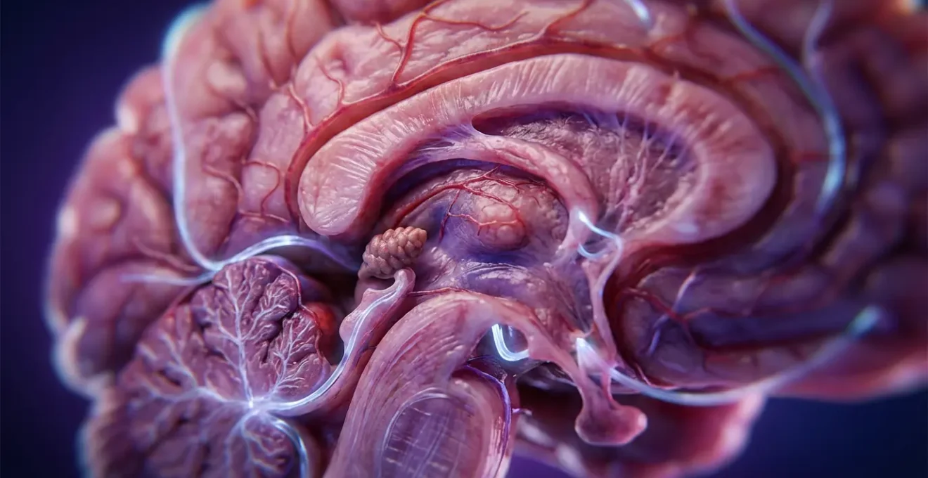 Vista macro del área frontal del cerebro mostrando las glándulas pineal y pituitaria